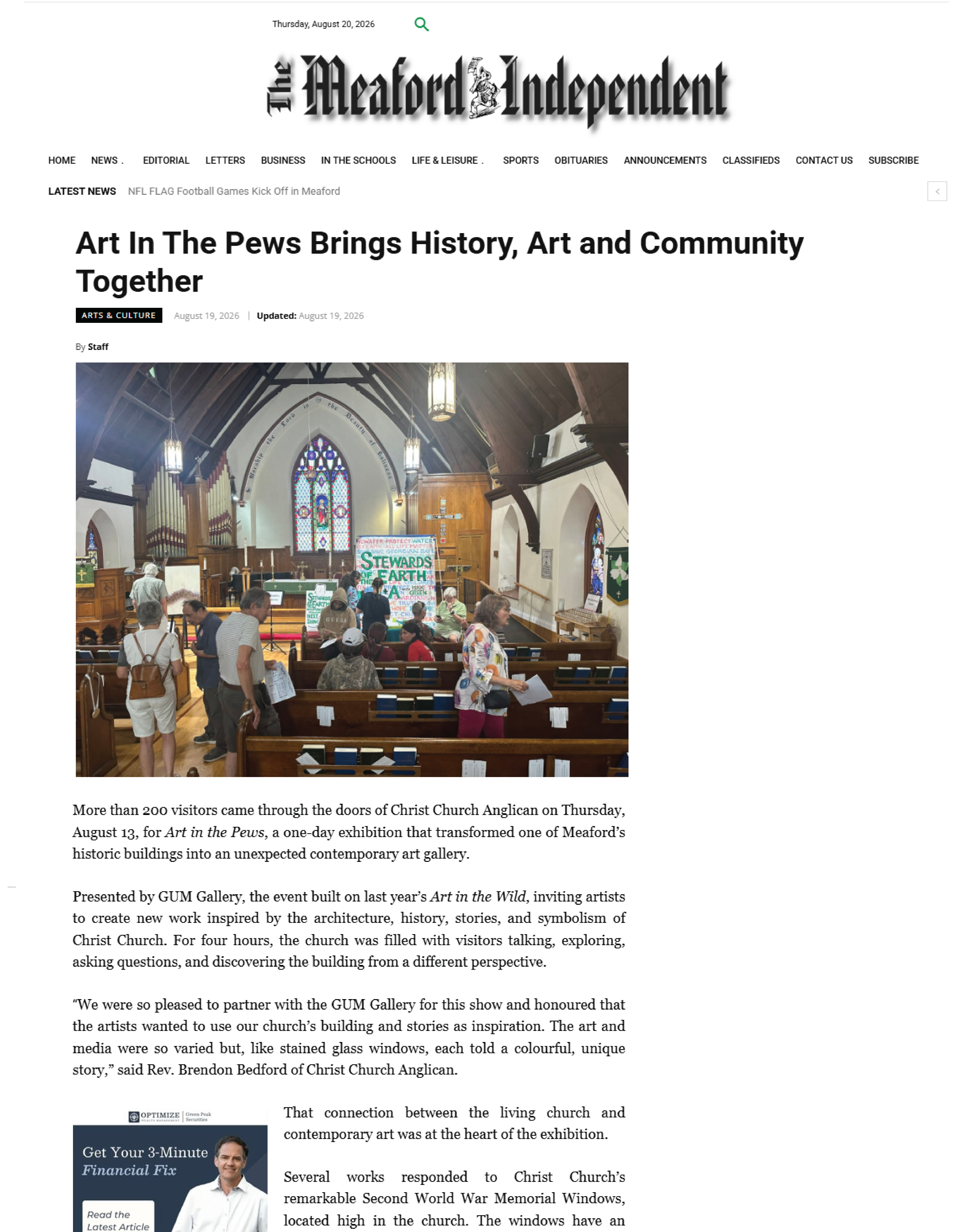 Newspaper Article: Art in the Pews brings History, Art and Community Together in Meaford